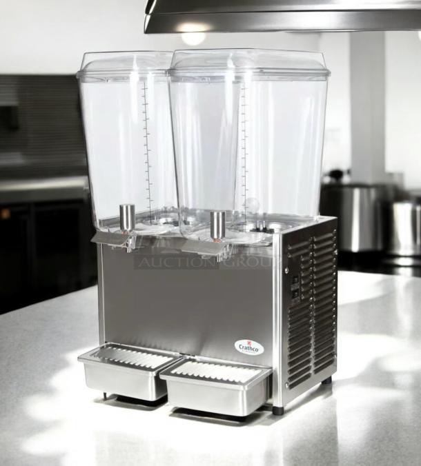 Crathco D25-3 beverage dispenser, dual 5-gallon bowls, excellent condition, fully tested, stainless steel finish, Crathco logo visible.