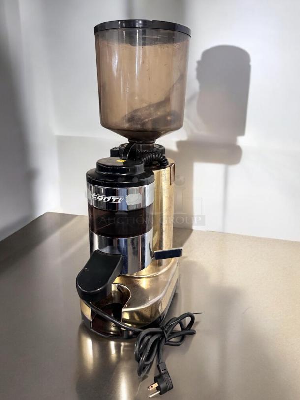Conti RR45 commercial espresso coffee grinder in excellent condition, made in Italy, fully tested, with clear hopper and power cord.