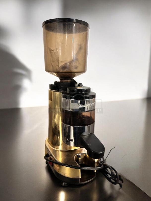Conti RR45 espresso coffee grinder, excellent condition, made in Italy, gold and black finish, fully tested and working.