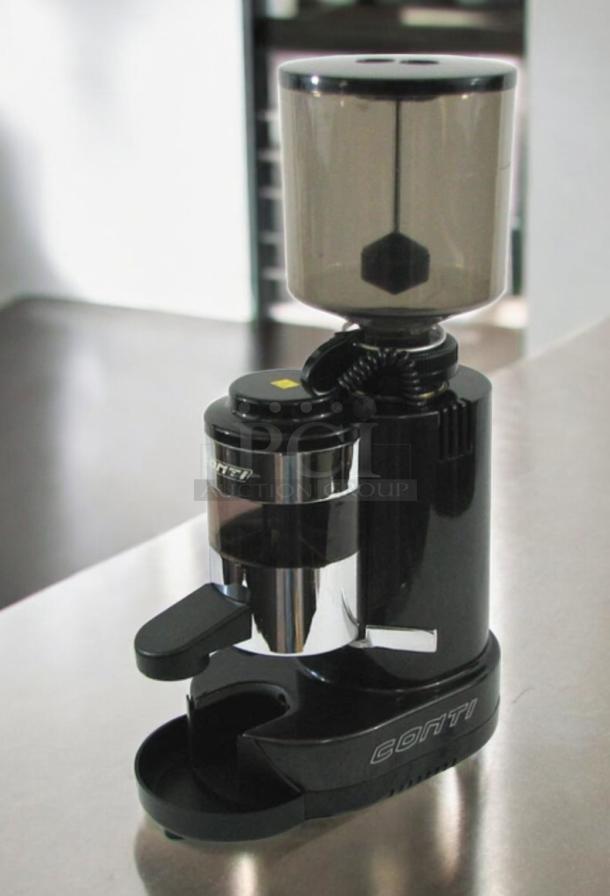 Conti RR45 Espresso Coffee Grinder, excellent condition, sleek black design, fully tested, made in Italy.