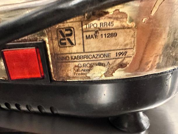 Conti RR45 espresso coffee grinder label shows model and serial number. Made in Italy, 1997. Fully tested and working.
