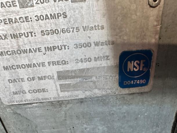 TurboChef Tornado convection oven label showing model NGC, 208V, NSF certified, and manufacturing details.