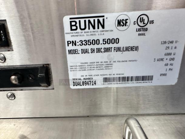 Bunn Dual SH DBC Smart Funnel Coffee Brewer, Model 33500.5000, excellent condition, 120/240V, 6800W, tested, working.