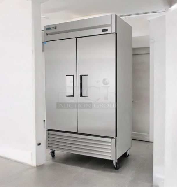 True T-43-HC two-door reach-in refrigerator in excellent condition, fully tested, 115V, stainless steel, on wheels.
