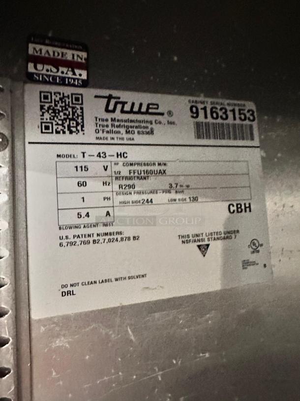 True T-43-HC refrigerator label showing model, 115V, refrigerant R290, NSF certification, and made in USA marking.