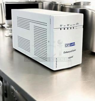 OPTI UPS Enhanced Series 1500C, 980W, excellent condition, tested and working; features front panel LEDs and vented design.
