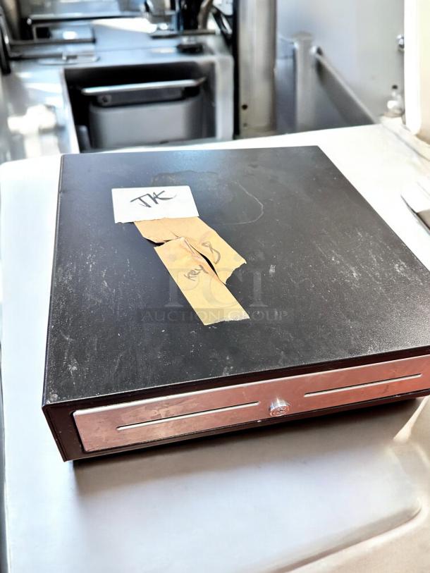 APG Cash Drawer, Model VBS579-BL1616, excellent condition, fully tested, features front keylock, visible "Key B" label.