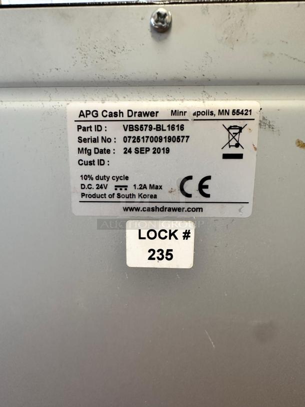 APG Cash Drawer Model VBS579-BL1616, excellent condition, fully tested, lock #235, manufactured September 24, 2019.