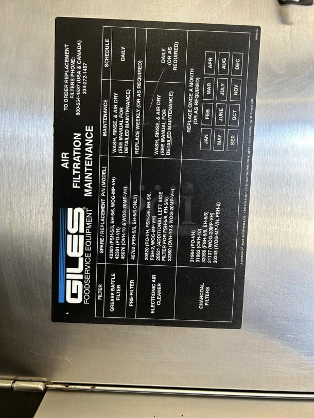 Stainless steel Giles Food hood model ModF SH-6 W/FSH-6 shown with maintenance label, 208-240V, excellent condition.