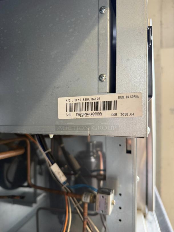 Blue Air Model BLMI-850A _BA126 850LB Ice Machine, excellent condition, fully tested, made in Korea, 2018, visible model and serial tags.