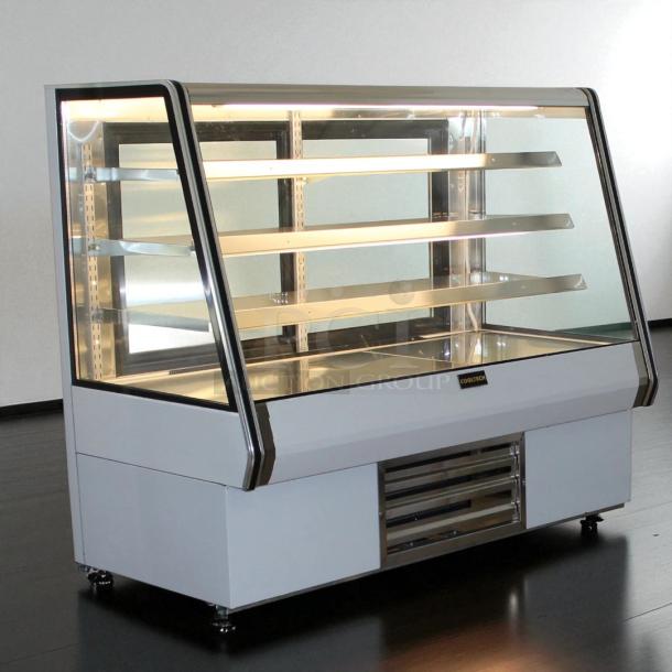 Cool Tech straight glass refrigerated display case, tested and working, with multiple shelves and interior lighting.