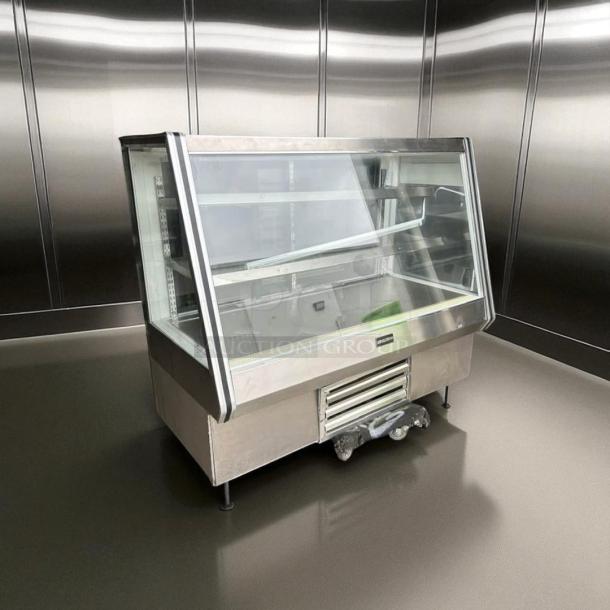 Cool Tech straight glass refrigerated display case, stainless steel finish, two interior shelves, tested and working.