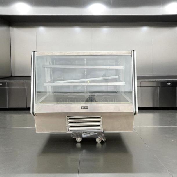 Cool Tech straight glass refrigerated display case, stainless steel, tested and working, features two adjustable shelves.