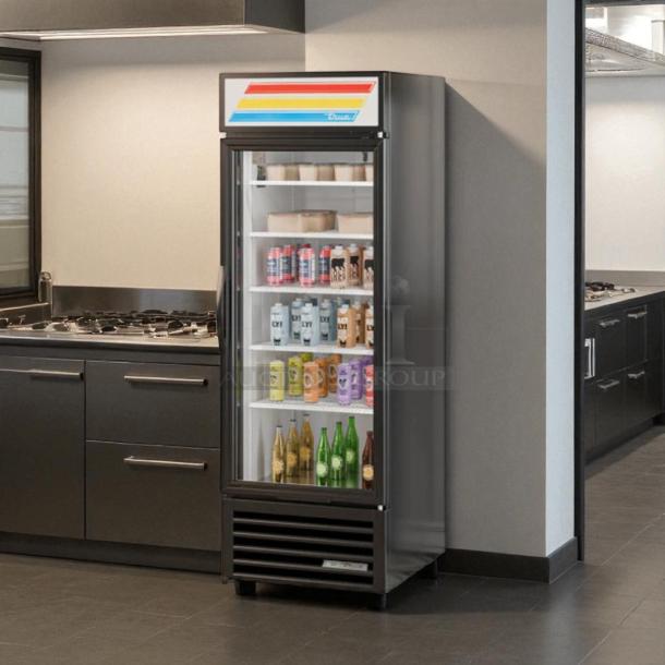 True GDM-23-HC~TSL01 27" glass door merchandiser, single right hinge door, black, tested and working, 115v.