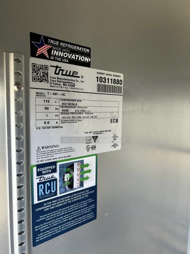 True T-49F-HC 2-Door Reach-In Freezer label, model 115V, made in the USA. Features RCU technology, fully tested.