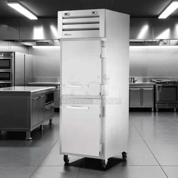 True STA1R-2HS solid half-door refrigerator, one section, stainless steel, tested, on casters, excellent condition.