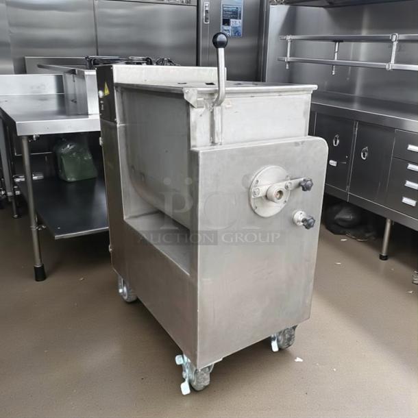 Atlantic Equipment BX70B meat filling mixer, stainless steel, tested and working, on wheels for easy mobility.
