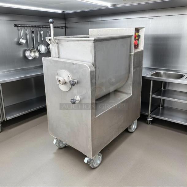 Atlantic Equipment BX70B meat filling mixer in stainless steel, tested and working, on wheels for mobility, industrial kitchen setting.