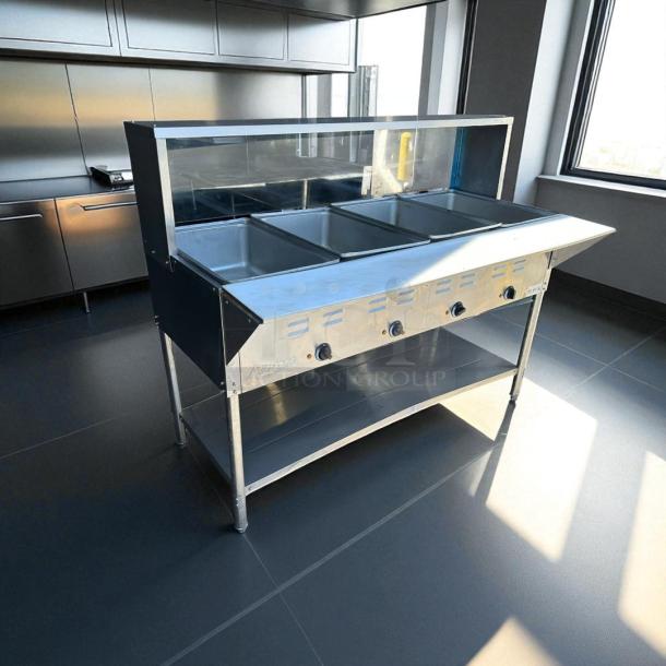 Avantco STE-4SA four pan electric steam table, stainless steel, with undershelf, tested and working, 120V, 2000W.