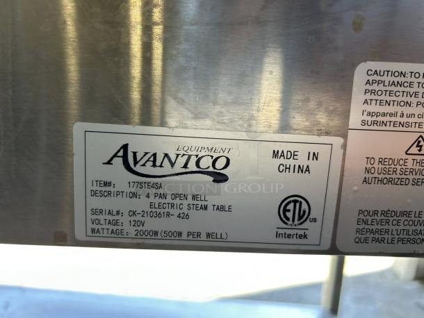 Avantco STE-4SA electric steam table label, showing four-pan capacity, 120V, 2000W, ETL listed, made in China.