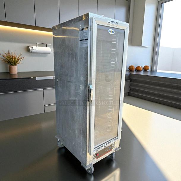 Cozoc Heated Holding Cabinet, Model HPC7008, excellent condition, on wheels. Visible brand logo and operational settings.