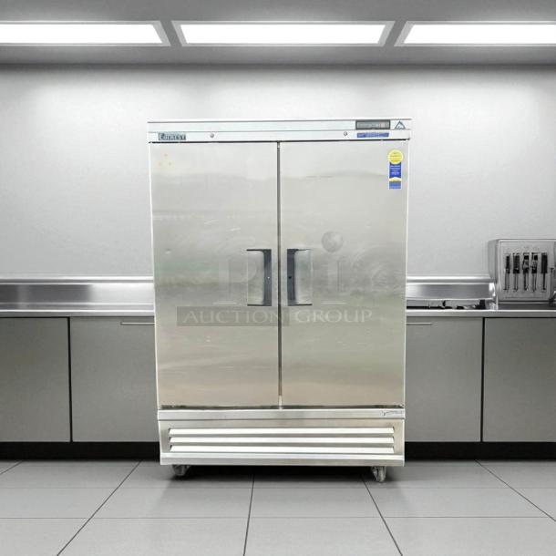 Everest EBSR2 stainless steel reach-in refrigerator, 49 5/8", 48 cu. ft, 2 solid doors, bottom mount, excellent condition.