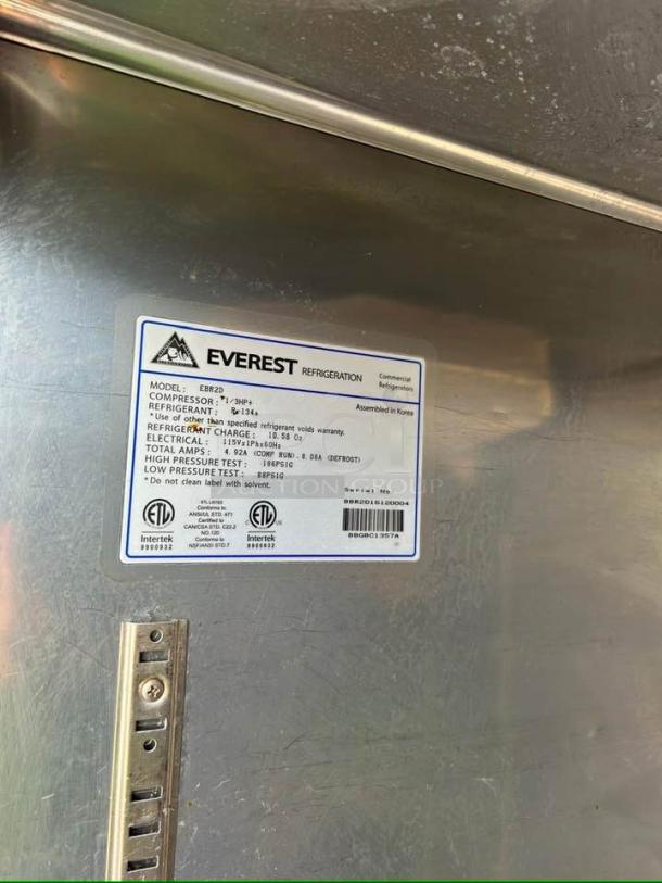 Everest EBSR2 stainless steel reach-in refrigerator, 49 5/8", 48 cu. ft, bottom mount, excellent condition, tested, working.