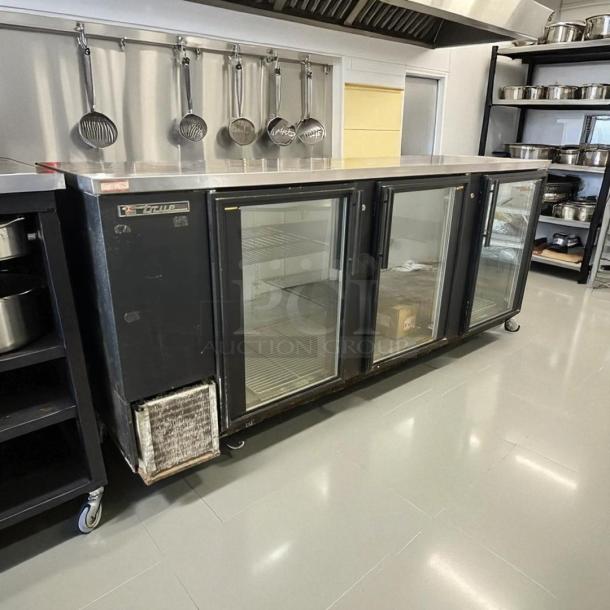 True TBB-4G black glass door back bar refrigerator, 90 3/8", LED lighting, excellent condition, fully tested.