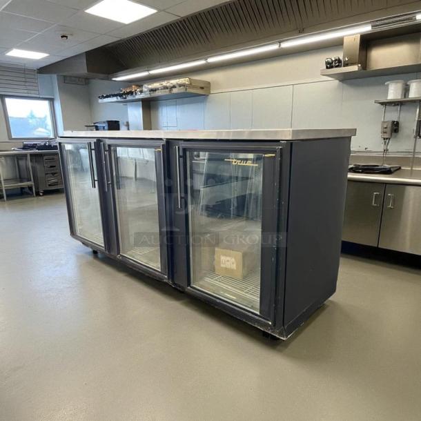 True TBB-4G back bar refrigerator, 90 3/8", black, glass doors, excellent condition, LED lighting, fully tested.