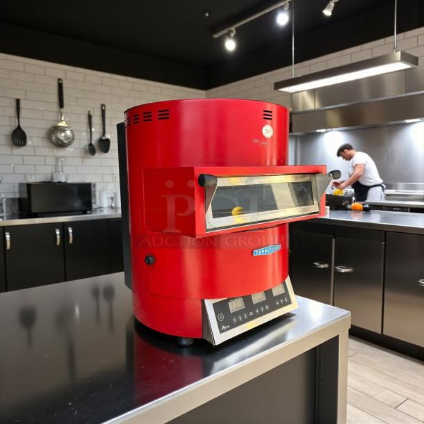 TurboChef FIRE ventless countertop pizza oven, model FRE-9600-1, like new, red, fits up to 14" pizzas, 6 preset timers.