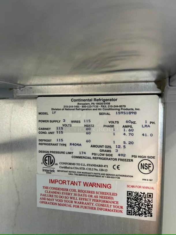 Continental 1FN reach-in freezer label, showcasing model, serial number, 115V power, and NSF certification details.