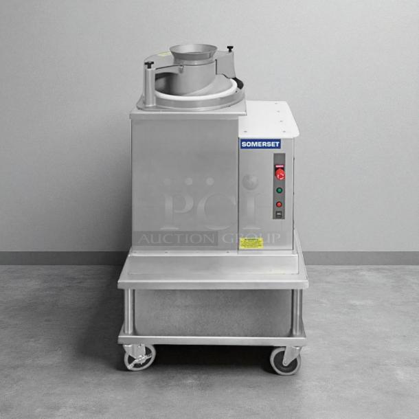 Somerset SDR-400 heavy-duty dough rounder, 115v, tested and working. Features sturdy build, control panel, mobility with wheels.