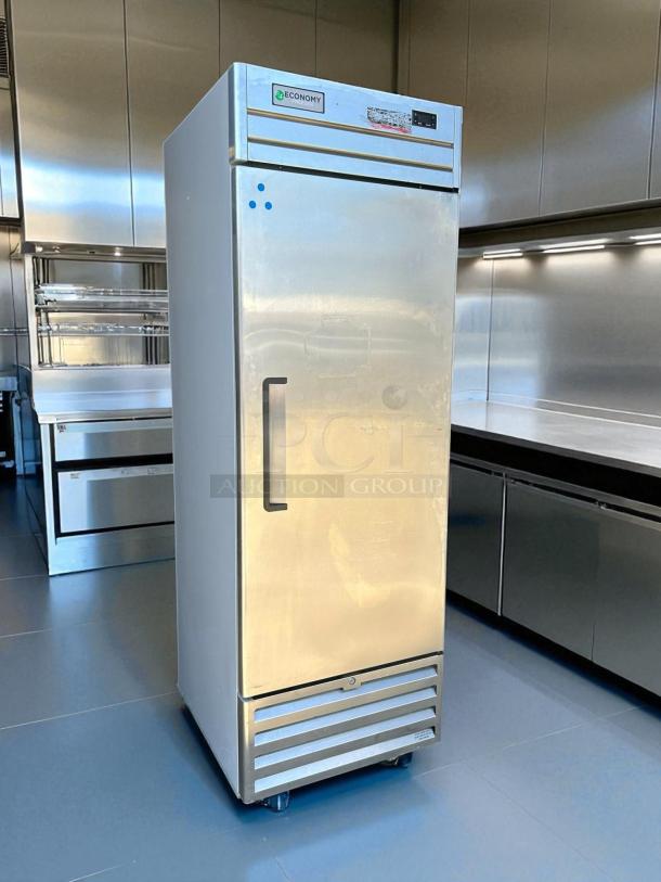 Economy Series EF1A-FS single door commercial freezer in excellent condition, 115V, tested and working, visible logo and model.
