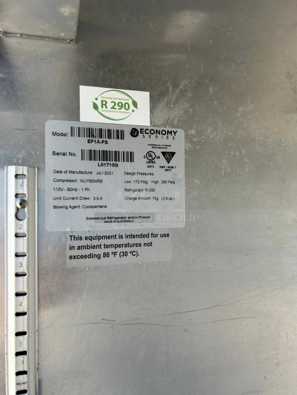 Economy Series EF1A-FS Commercial Freezer, 115V, excellent condition, tested working, serial L01710G, R-290 refrigerant label.