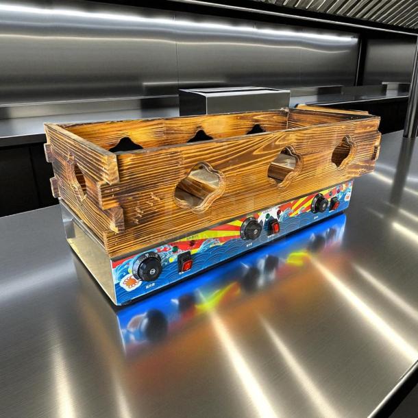 Kanto Kitchen electric oden stove with a wooden base, colorful panel, like new, tested and working, 115v.