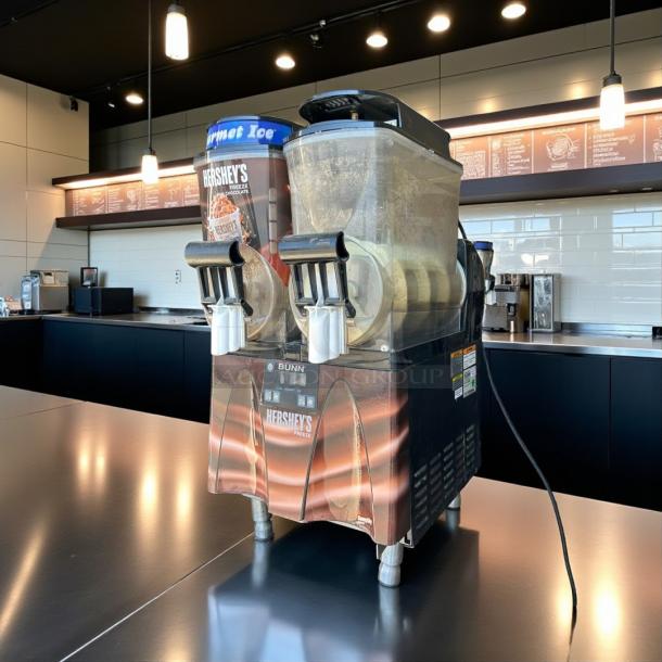 Bunn Ultra-2 frozen drink machine in excellent condition, 120V, fully tested. Visible Hershey's branding and control panel.