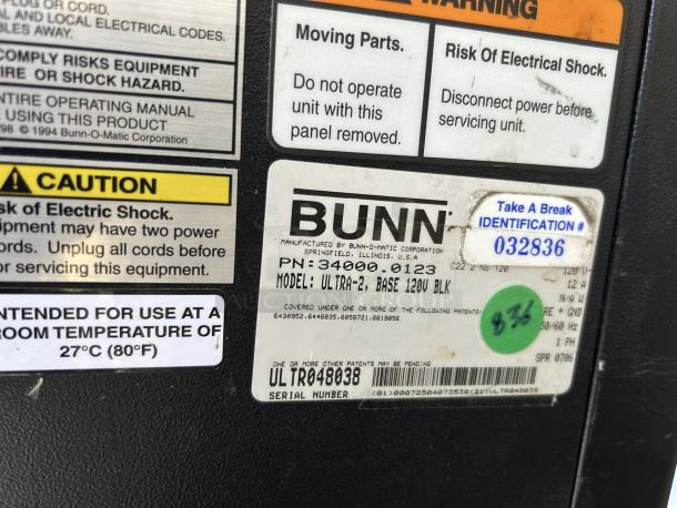 Bunn Ultra-2 frozen drink machine label showing model, serial number, caution, and safety warnings.