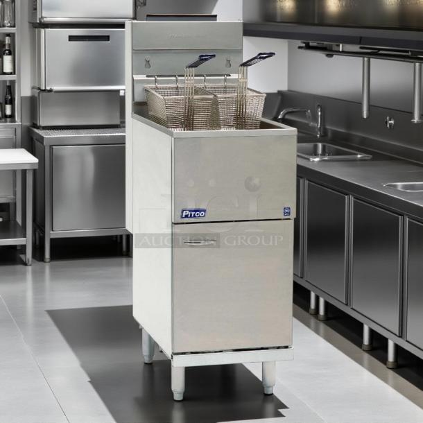 Pitco VF35 35 lb natural gas fryer in excellent condition, fully tested and working. Features stainless steel construction.