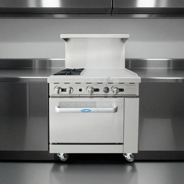 Atosa AGR-2B24GR 36" gas range with 2 burners, 24" griddle, fully tested, stainless steel, in working condition.