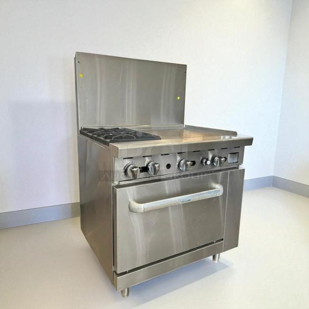 Atosa AGR-2B24GR 36" gas range with 2 burners and 24" griddle, fully tested and working, stainless steel, good condition.