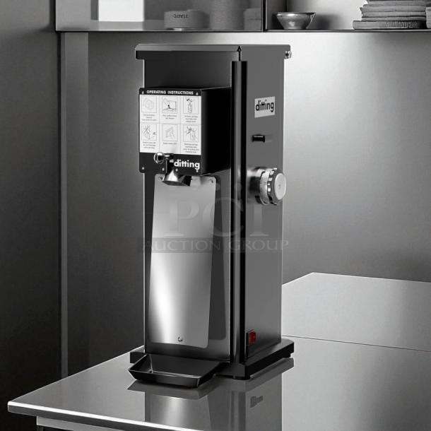 Ditting KR1203 commercial coffee grinder in excellent condition, featuring operational instructions on the front panel, tested and working.