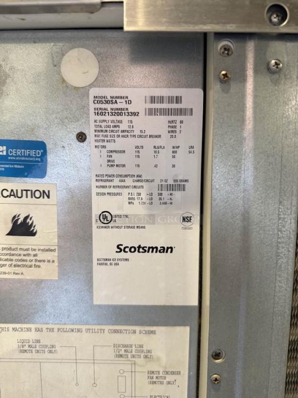Scotsman C0530SA-1 Prodigy® Ice Machine, 30", air-cooled, 525 lb. capacity. Excellent condition, tested and working. Model label visible.