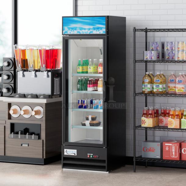 Avantco 178GDC15HCW merchandiser refrigerator with glass door, LED lighting, white exterior, and customizable panels.