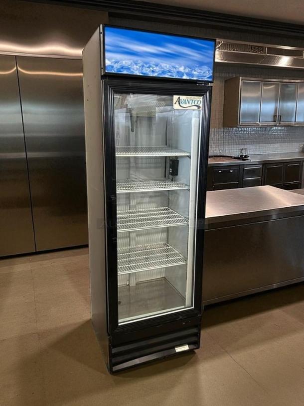 Avantco 178GDC15HCW merchandiser refrigerator, white, swing glass door, LED lighting, tested, working, customizable.