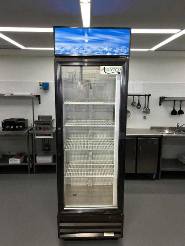 Avantco 178GDC15HCW customizable glass door merchandiser refrigerator, 25 5/8", white, LED lighting, tested and working.