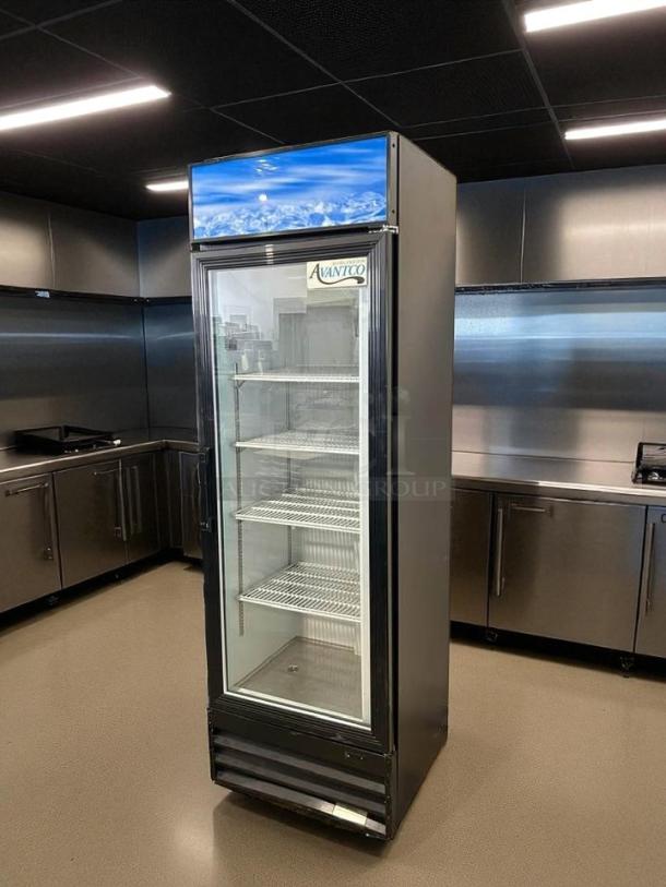 Avantco 178GDC15HCW merchandiser fridge with glass door, LED lighting, tested, excellent condition, customizable display.