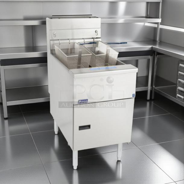 Pitco 65C+S 65 lb natural gas fryer, floor model, excellent condition, fully tested and working, stainless steel finish.