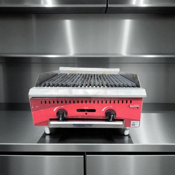 Avantco Chef Series Lava Rock Charbroiler, natural gas, excellent condition, fully tested, with control knobs and markings.