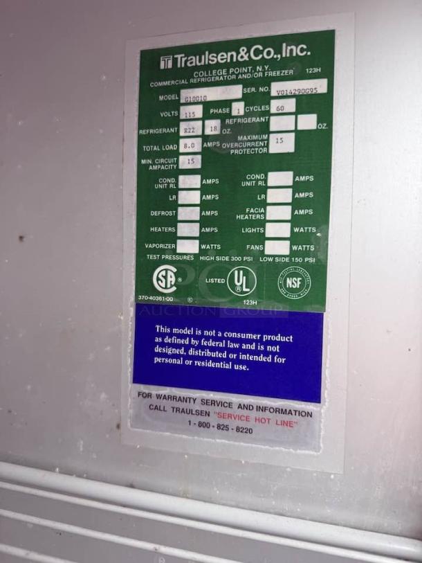 Traulsen Commercial Refrigerator, Model G10010, excellent condition. Label shows 115V, commercial use only, fully tested.