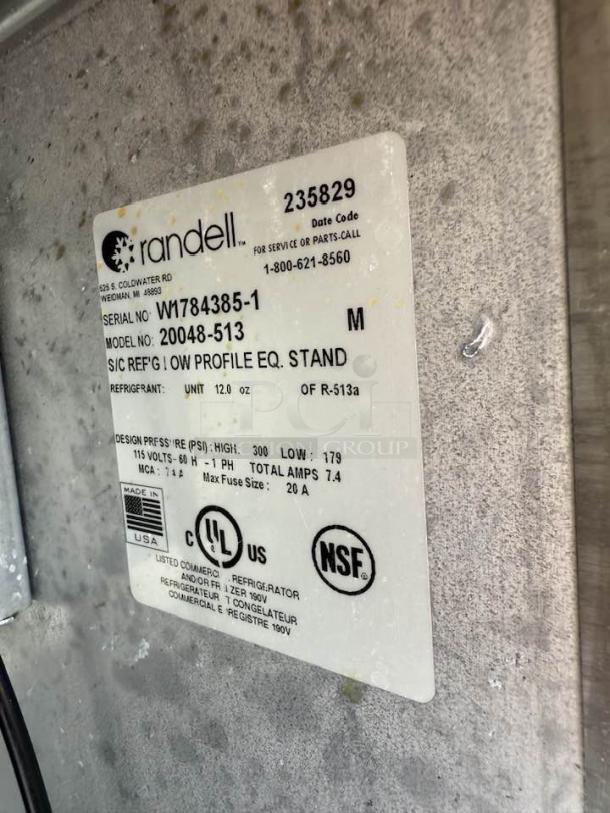 Randel Model W1784385-1 refrigerated chef base label, showing test status, model 20048-513, 115v, NSF and UL certifications.